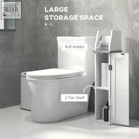 White kleankin slim bathroom floor cabinet with roll holder, adjustable shelf, and cupboard for toilet roll storage