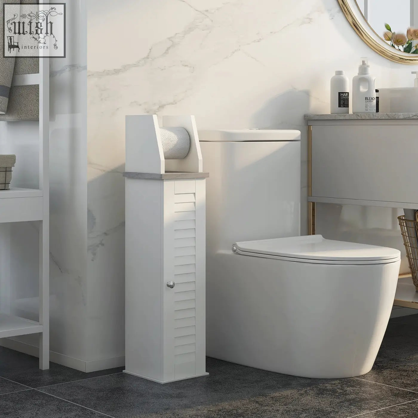 Kleankin slim white wooden bathroom floor cabinet with roll holder cupboard door and adjustable shelf for toilet roll storage