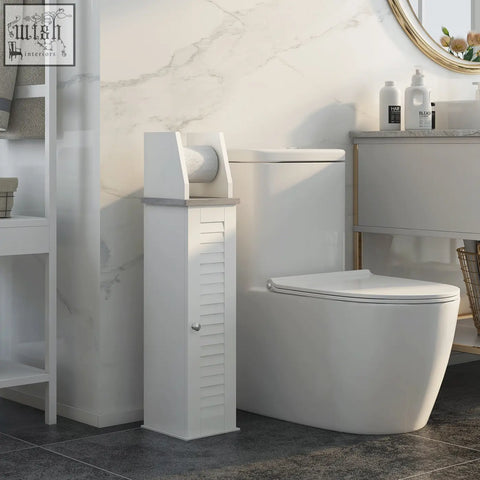 Kleankin slim white wooden bathroom floor cabinet with roll holder cupboard door and adjustable shelf for toilet roll storage