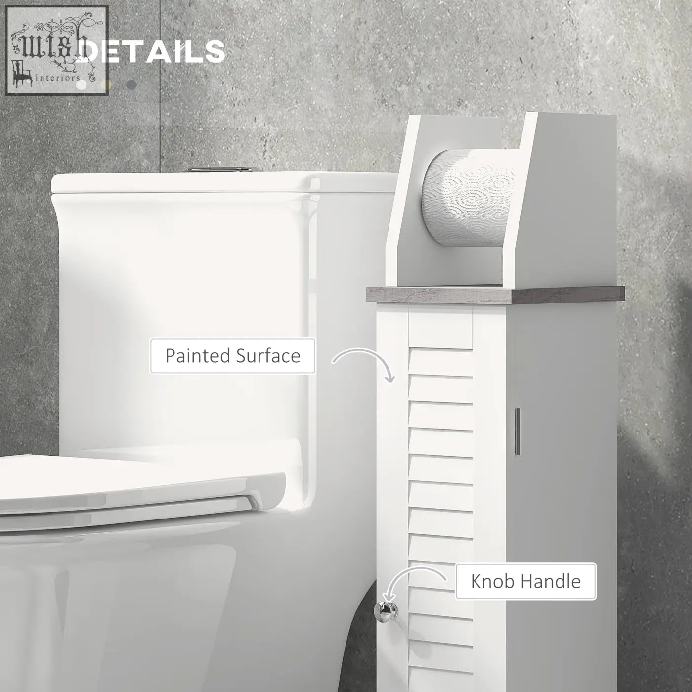 White wooden kleankin slim bathroom floor cabinet with roll holder, slatted door, silver knob, and adjustable shelf for toilet roll storage