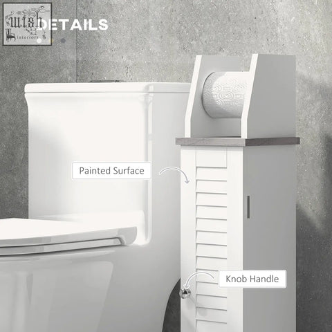 White wooden kleankin slim bathroom floor cabinet with roll holder, slatted door, silver knob, and adjustable shelf for toilet roll storage