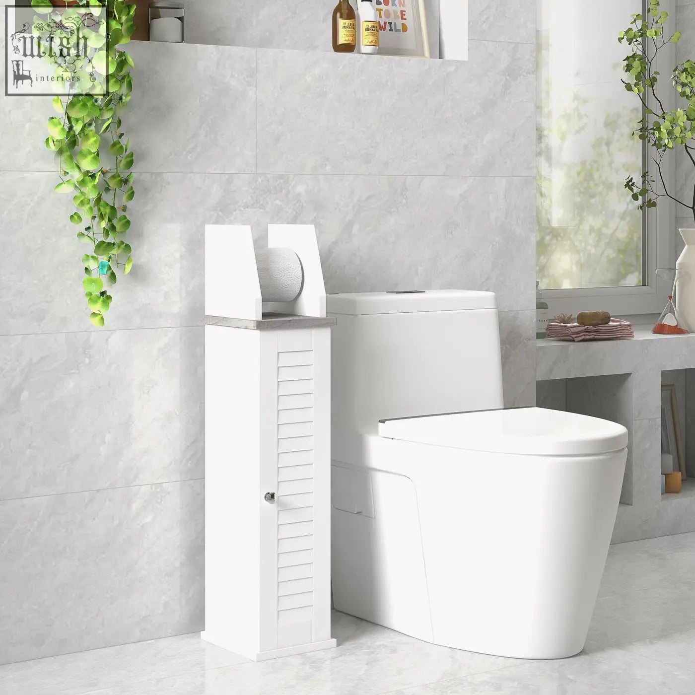 White wooden kleankin slim bathroom floor cabinet with roll holder slatted side panel and adjustable shelf for toilet roll storage
