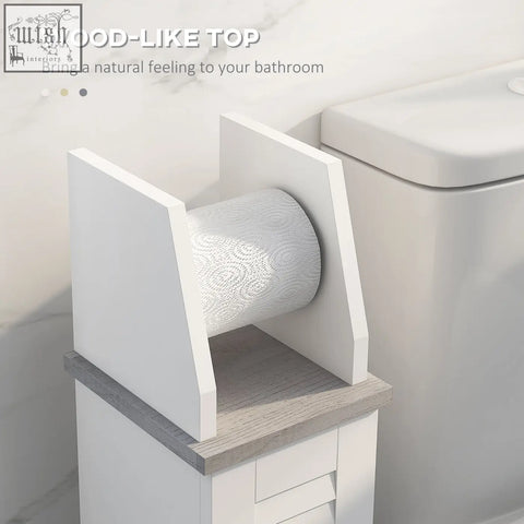 White kleankin slim bathroom floor cabinet with wood top roll holder and adjustable shelf for toilet roll storage