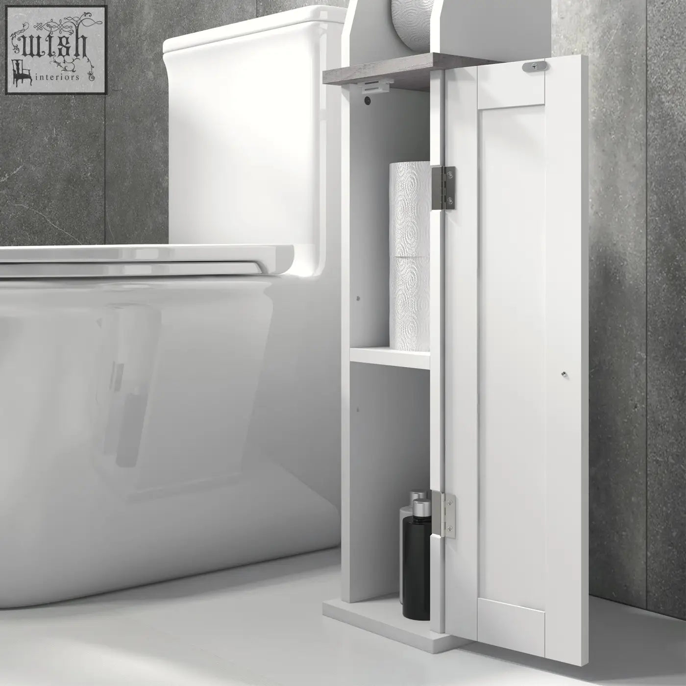 White kleankin slim bathroom floor cabinet with roll holder silver hinges and adjustable shelf for toilet roll storage