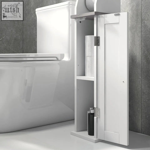 White kleankin slim bathroom floor cabinet with roll holder silver hinges and adjustable shelf for toilet roll storage