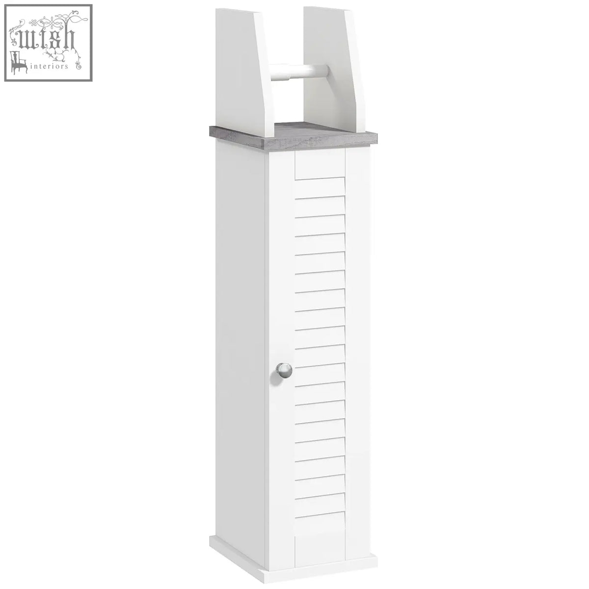 White wooden kleankin slim bathroom floor cabinet with gray stone top, roll holder, adjustable shelf, and vertical slatted door