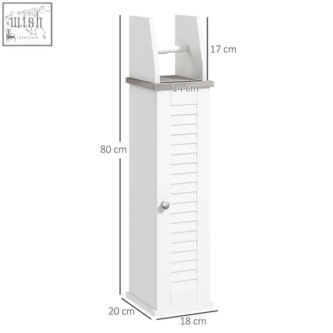 Kleankin slim white wooden bathroom floor cabinet with roll holder silver metal top adjustable shelf toilet roll storage unit