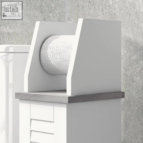 White paper towel roll with embossed pattern in gray and white roll holder on kleankin slim bathroom cabinet with adjustable shelf