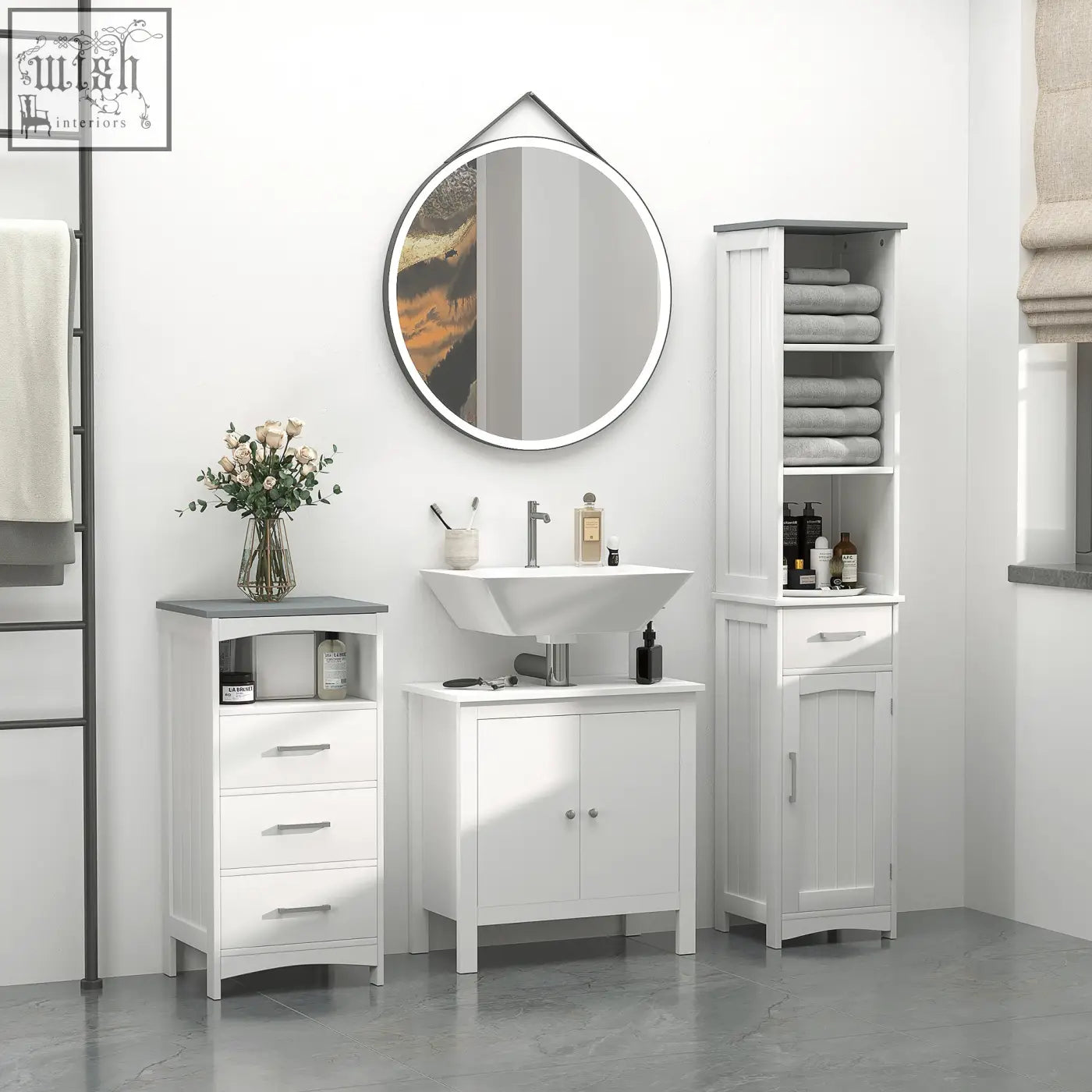 White kleankin tall bathroom storage cabinet with mdf structure silver hardware and middle drawer with anti-tipping straps