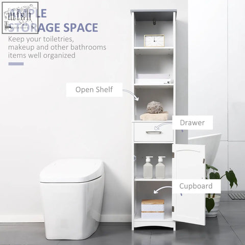 White kleankin tall bathroom storage cabinet with mdf structure middle drawer cupboard shelves and anti-tipping straps