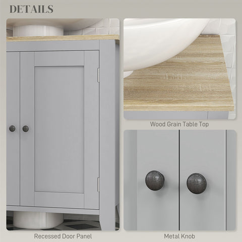Gray kleankin sink cabinet with light wood grain countertop dark metal knobs and adjustable shelf for bathroom use