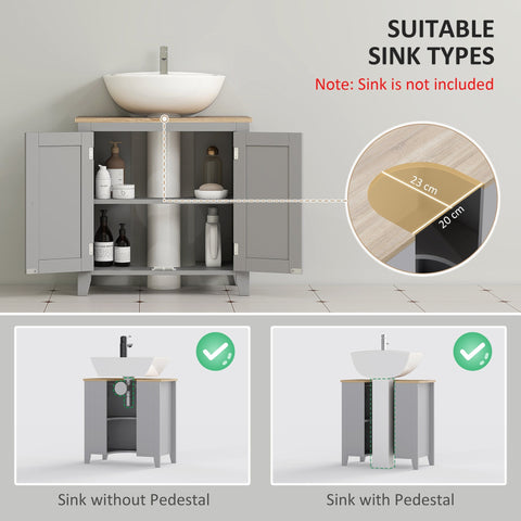 Gray kleankin sink cabinet with adjustable shelf, light wood top, two doors, pedestal design for bathroom use