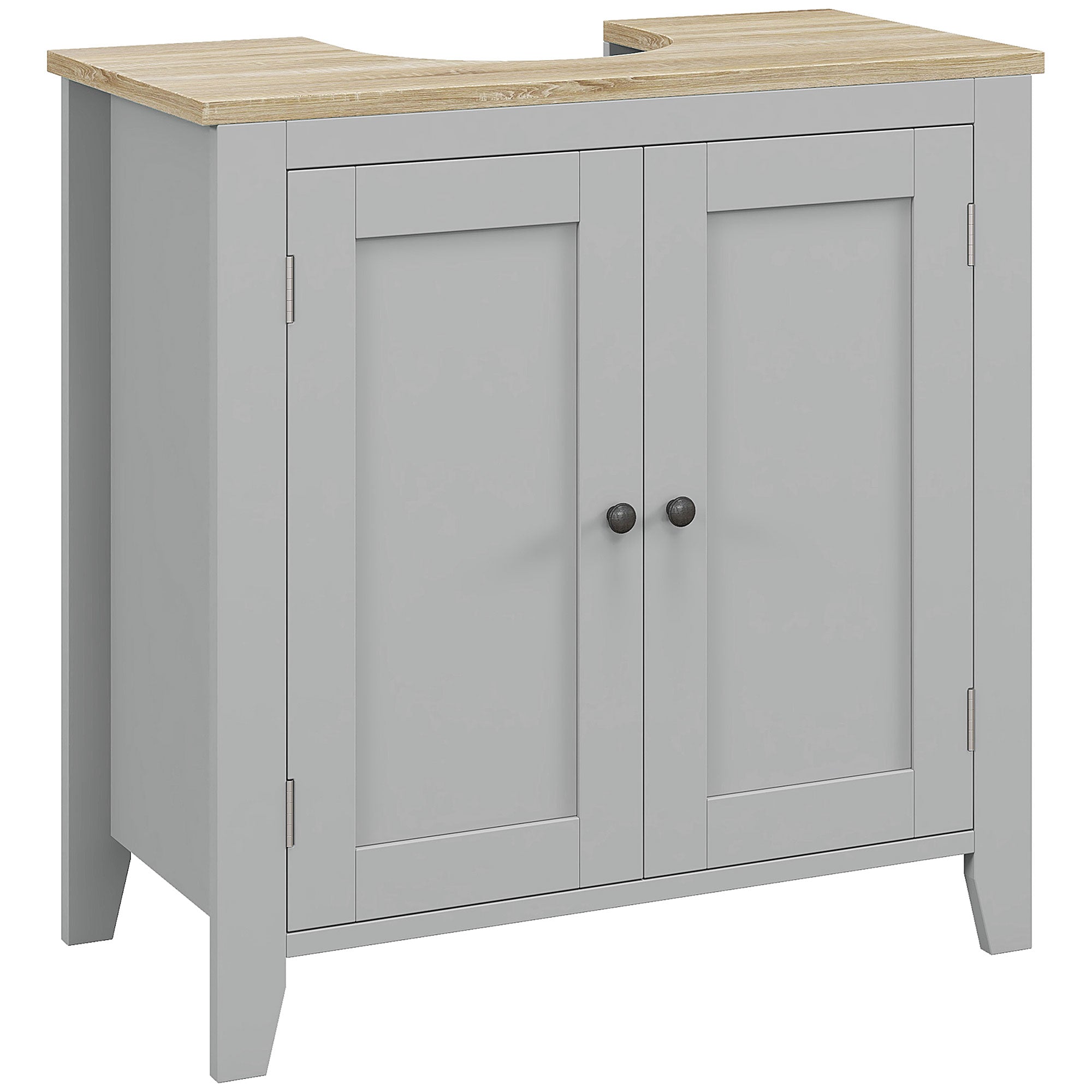 Gray kleankin sink cabinet with two doors dark knobs light wood countertop and adjustable shelf for bathroom use