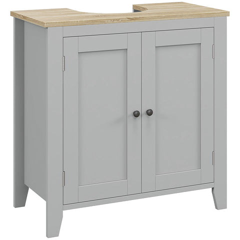 Gray kleankin sink cabinet with two doors dark knobs light wood countertop and adjustable shelf for bathroom use