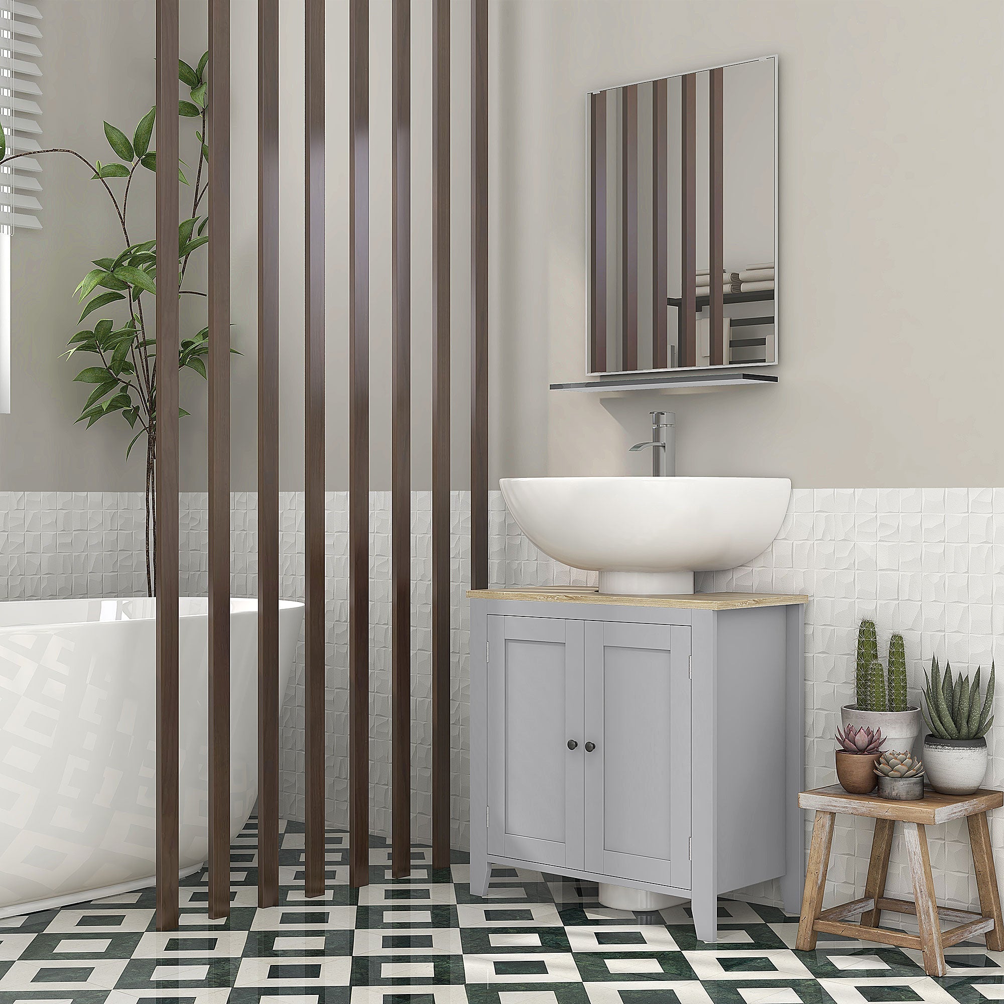 Gray kleankin sink cabinet with adjustable shelf and light wood countertop featuring two cabinet doors