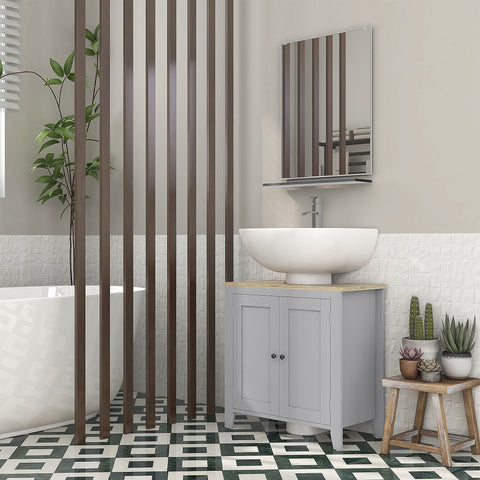 Gray kleankin sink cabinet with adjustable shelf and light wood countertop featuring two cabinet doors