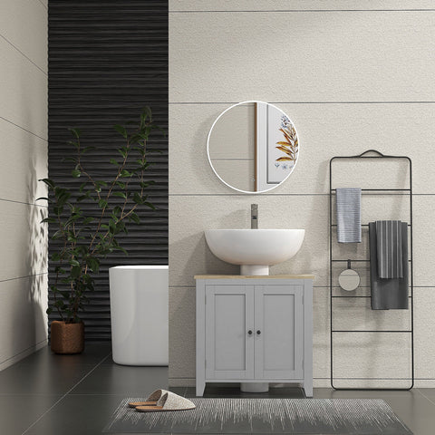 Gray wooden kleankin sink cabinet with white ceramic sink silver faucet and adjustable shelf for bathroom use