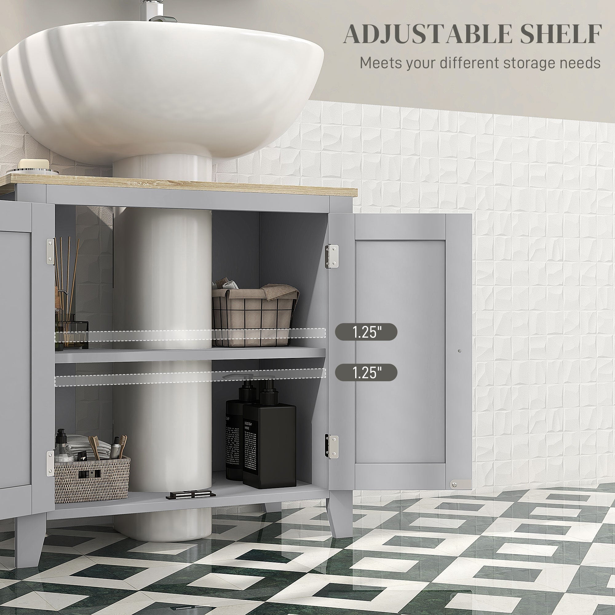 Gray kleankin sink cabinet with light wood countertop and adjustable shelf for under sink bathroom storage
