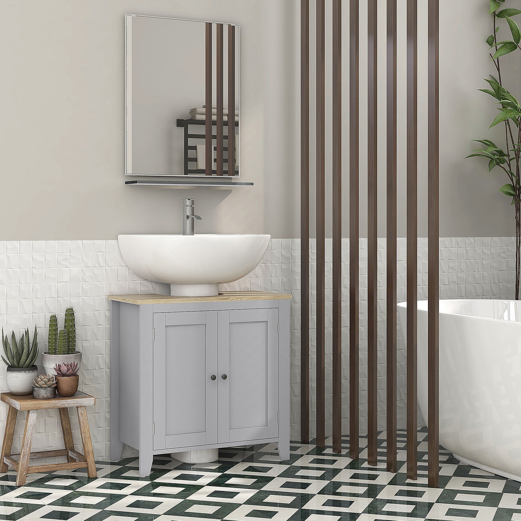 Gray kleankin sink cabinet with 2 doors and adjustable shelf featuring light wood countertop and white ceramic vessel sink