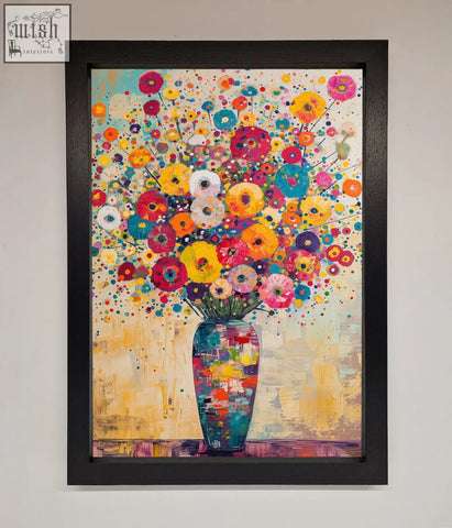 Vibrant klimt style flowers framed poster with colorful mosaic vase and bursting multicolored flowers in black frame