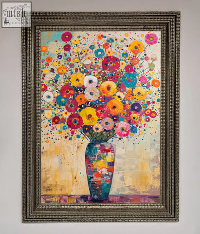 Vibrant klimt style floral design framed poster with colorful bouquet in a textured silver frame and bold brushstrokes