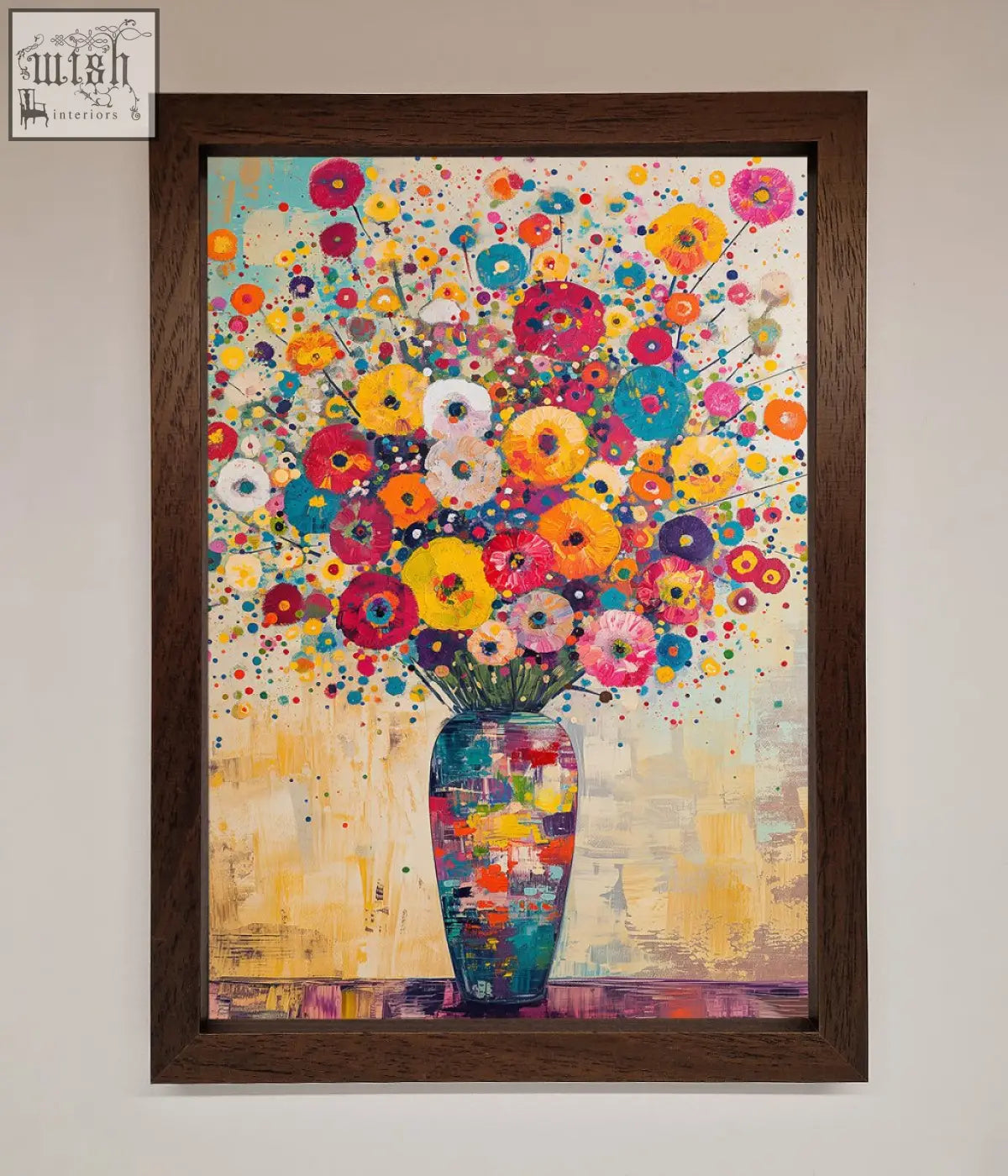 A klimt style framed poster featuring a vibrant floral design with bold brushstrokes in a dark wood frame