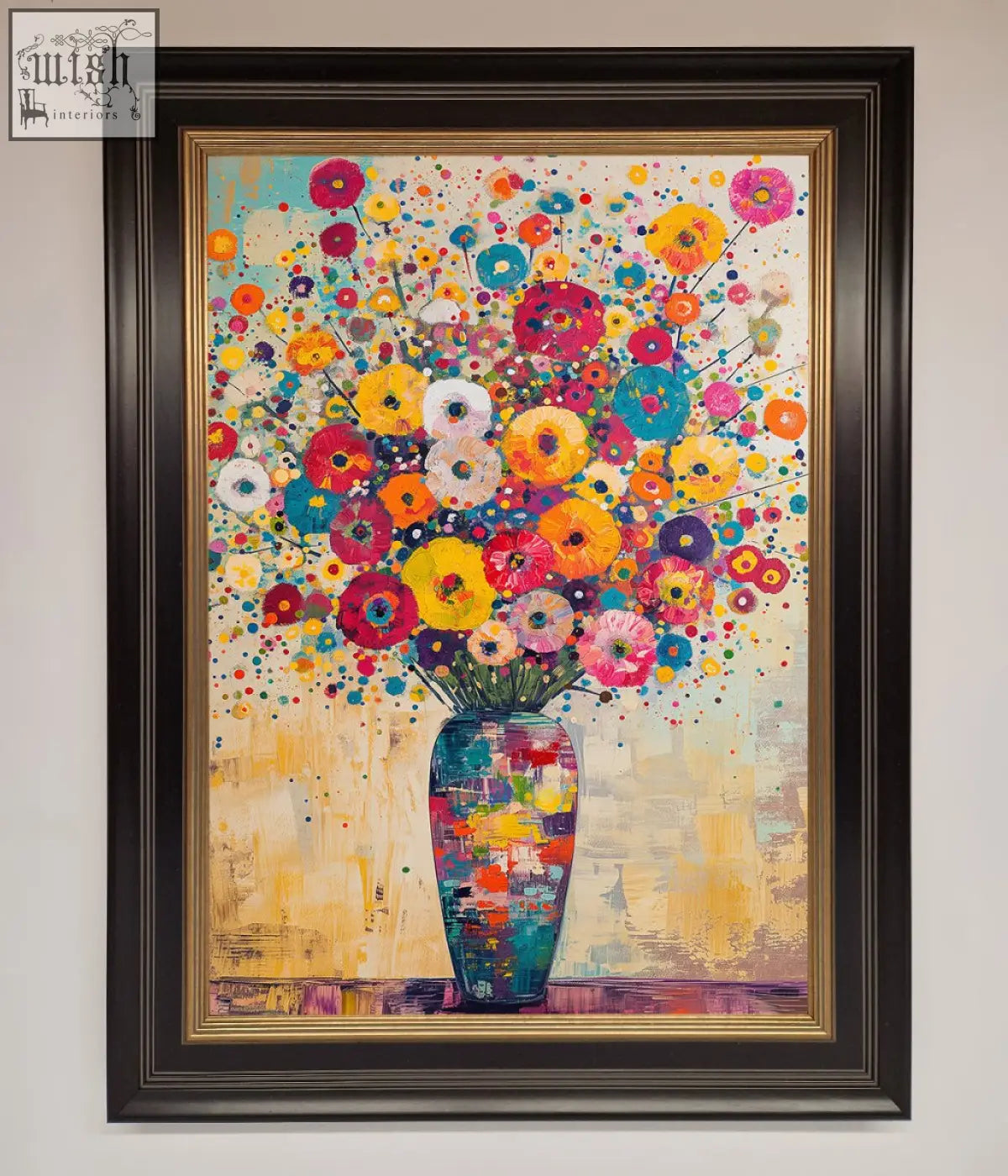 A klimt style framed poster of a colorful abstract floral painting with a textured vase and frame choices