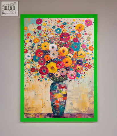 Vibrant klimt style floral design in a bold green framed poster with a colorful mosaic vase full of multicolored flowers