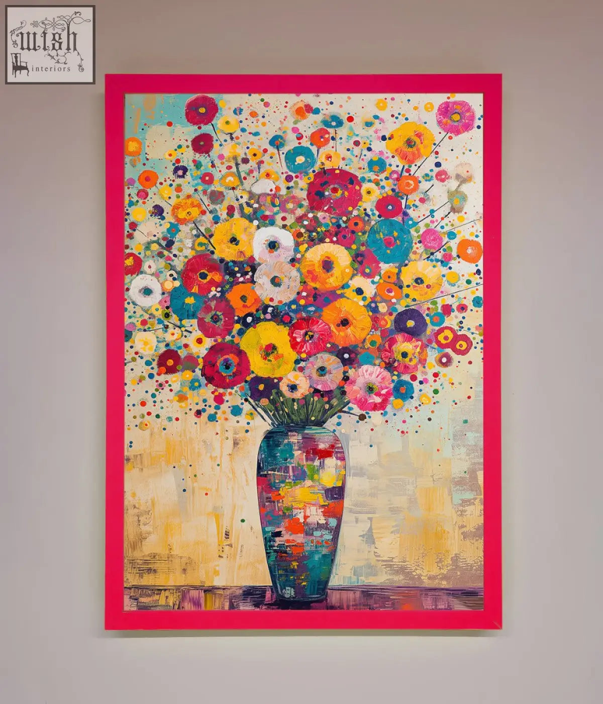 Vibrant klimt style floral design framed poster with a bold pink frame and colorful mosaic vase blossoms