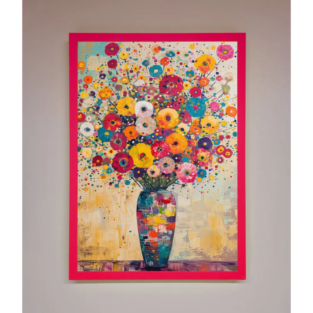 Klimt Style Flowers Framed Poster - B0 (100 x 141 cm) / Neon Pink - Framed Print