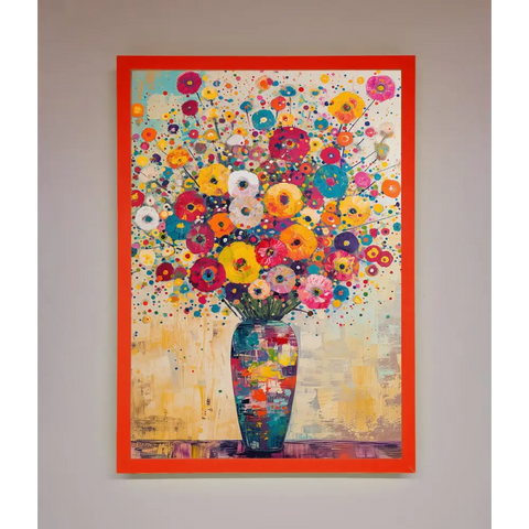 Klimt Style Flowers Framed Poster - B0 (100 x 141 cm) / Neon Red - Framed Print