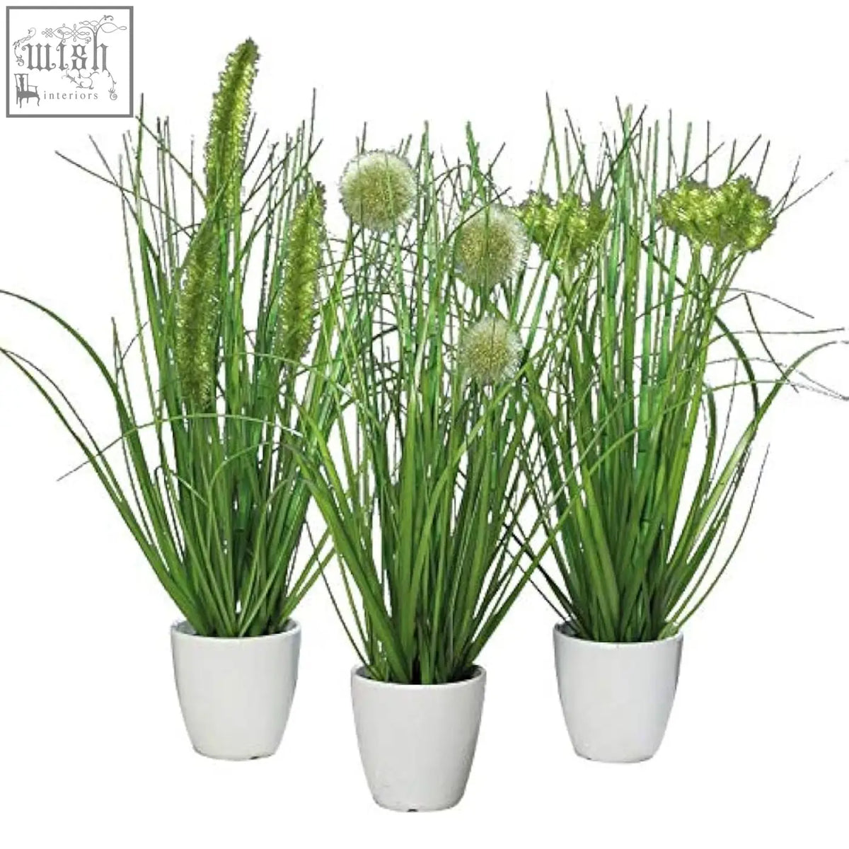 Three klocke dekorationsbedarf artificial plants with green grass and white spherical flowers in white ceramic pots