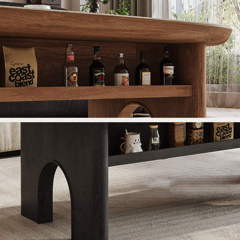 Modern knight coffee table with storage wood oval warm brown finish and black legs with open shelving for storage