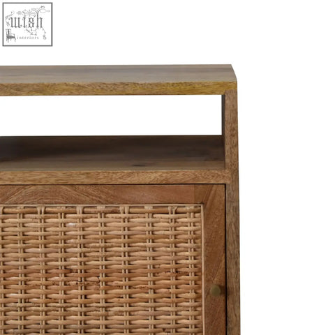 Knit door bedside table in oak rattan with natural wood and spacious interior perfect as a rustic bedside table