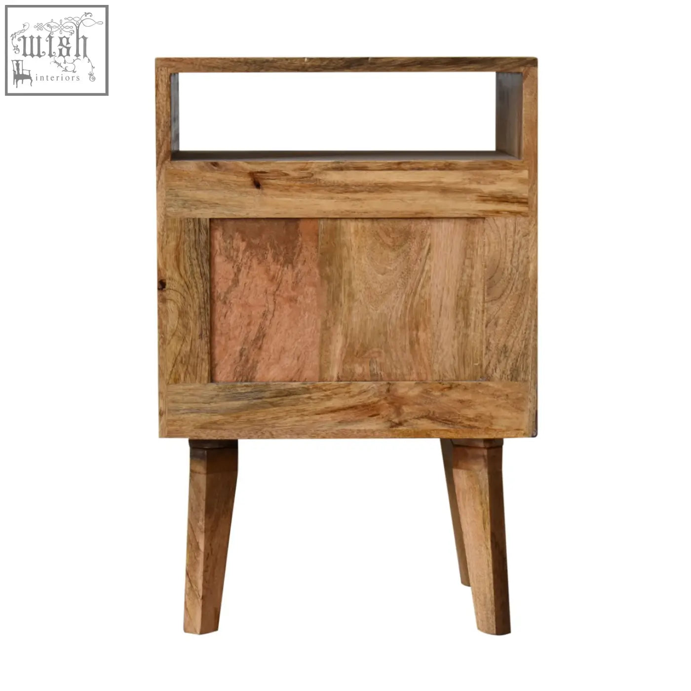 Rustic knit door bedside table in oak rattan with spacious interior and tapered mango wood legs