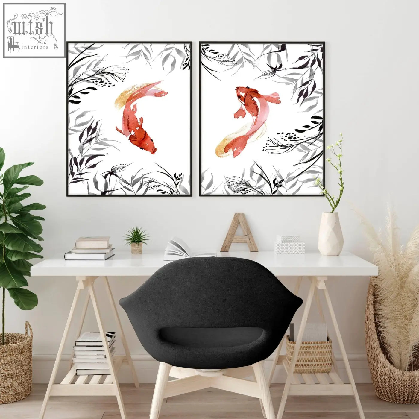Black modern chair with sleek curved design and light wood legs paired with koi fish japanese art wall prints for office decor