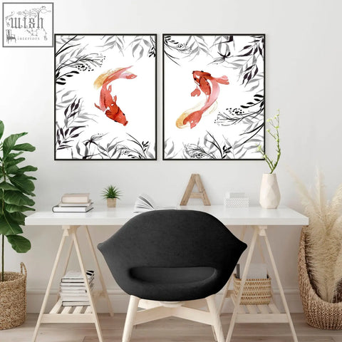 Black modern chair with sleek curved design and light wood legs paired with koi fish japanese art wall prints for office decor