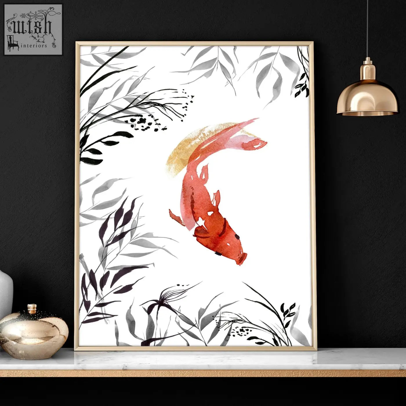 A framed koi fish japanese art print featuring a vibrant orange koi fish with black and silver foliage in a gold frame
