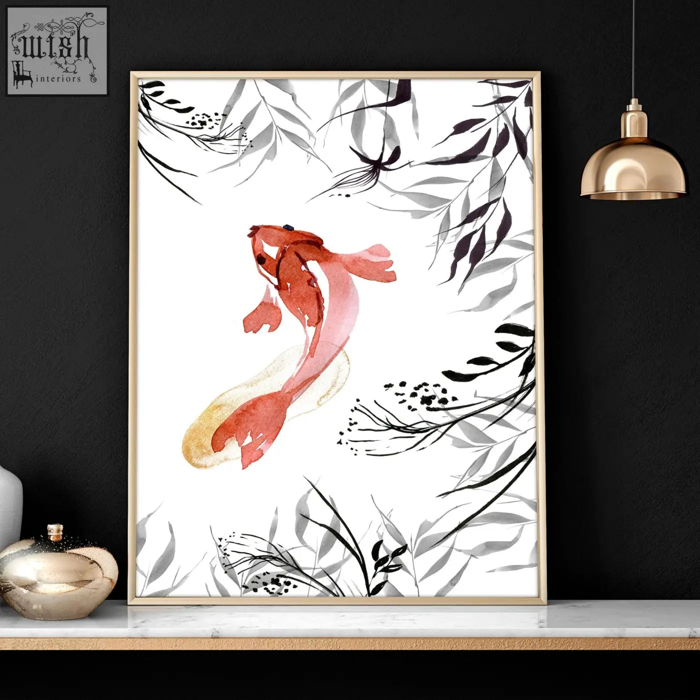 A framed watercolor koi fish japanese art print with vibrant red and gold fish and black gray leafy branches for office decor
