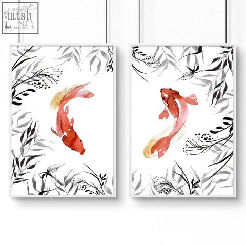 Pair of framed watercolor koi fish japanese art prints featuring vibrant orange fish and delicate black leafy branches for office decor