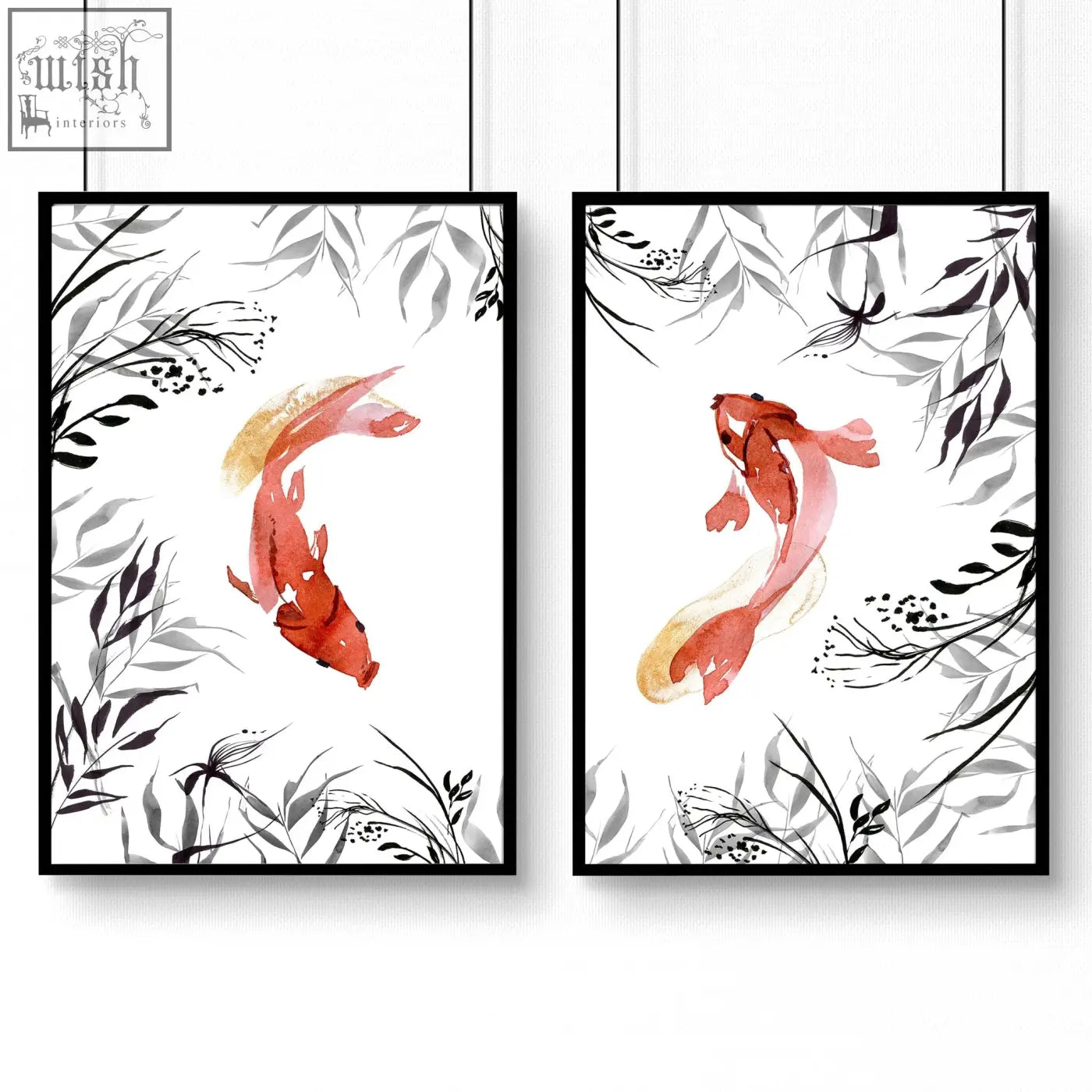 Pair of black-framed watercolor koi fish japanese art prints with red orange fish and gray leafy branches for office decor
