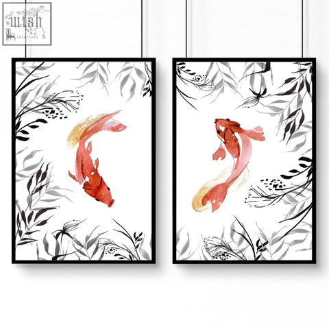 Pair of black-framed watercolor koi fish japanese art prints with red orange fish and gray leafy branches for office decor