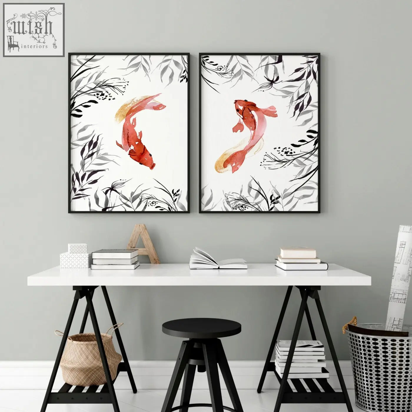 Two framed koi fish japanese art prints in orange and gold with black foliage for office decor wall art