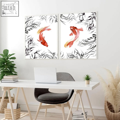 Two framed koi fish japanese art prints featuring orange and gold fish with black leafy branches for office decor