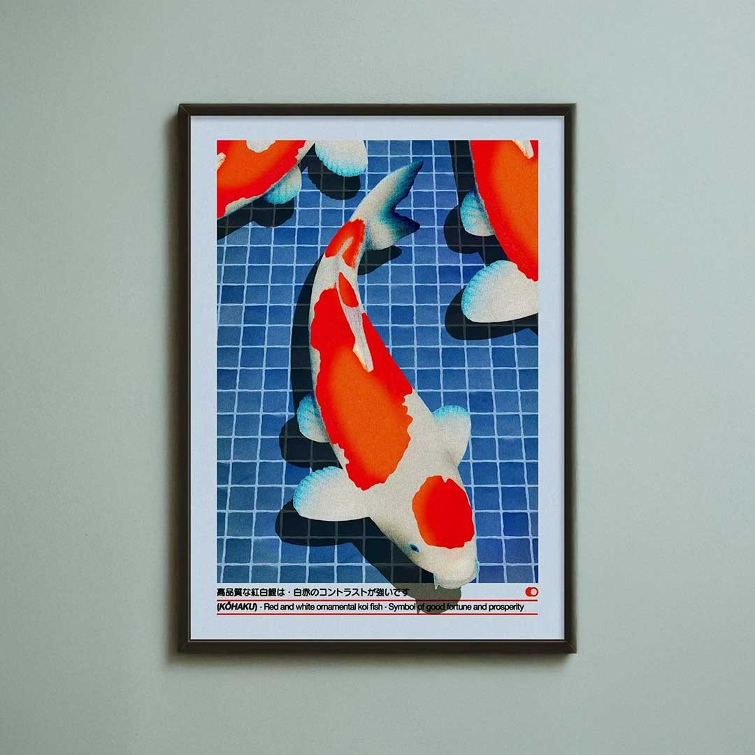 A framed koi fish print featuring a vibrant red and white koi swimming over blue tiled water with japanese text