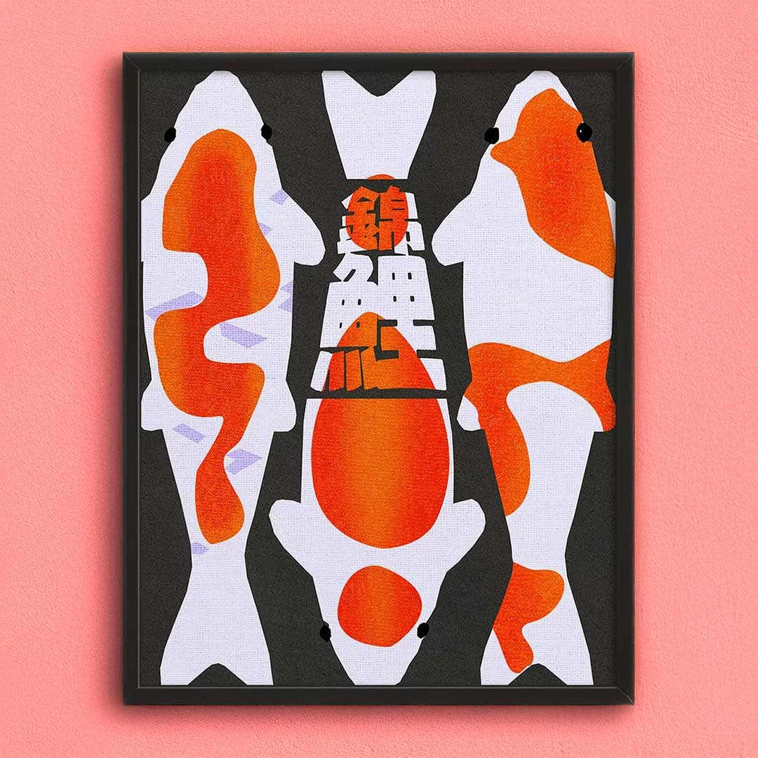 A framed koi life print featuring stylized orange and white koi fish with bold geometric shapes on black background