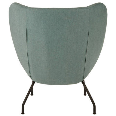 A sleek kolding green fabric accent chair with egg-shaped design and black metal frame in soft sage green fabric