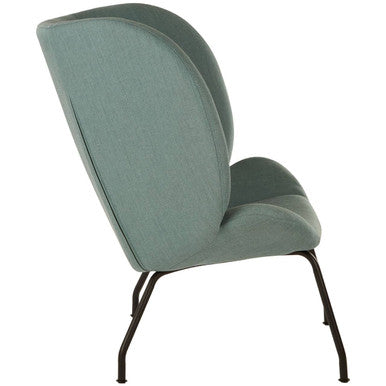 A sleek kolding green fabric accent chair with mint-green upholstery and modern black metal legs