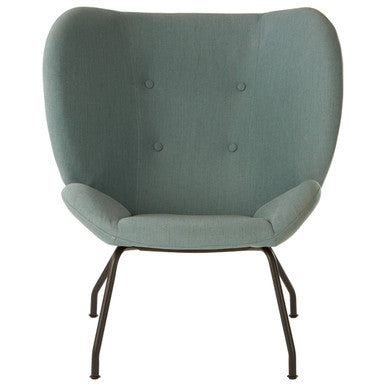 A sleek kolding green fabric accent chair with teal upholstery and black metal legs perfect for modern decor