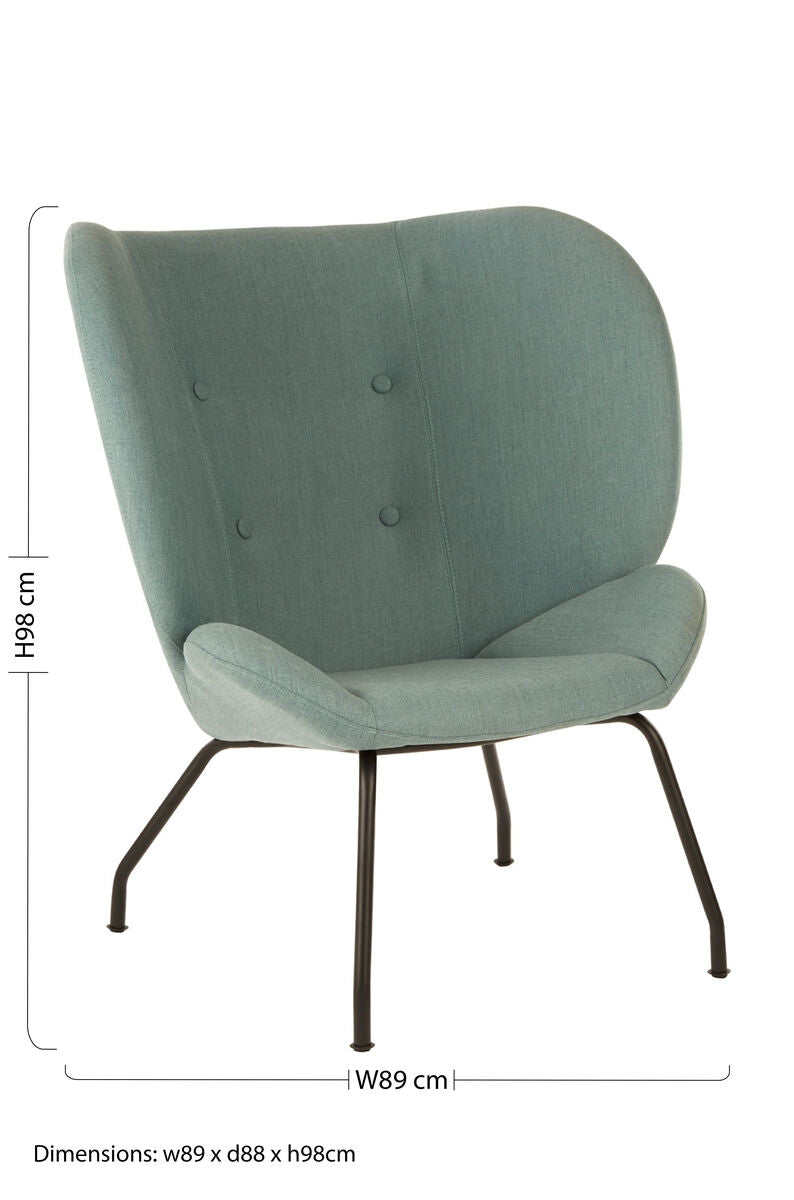 Kolding green fabric accent chair with teal upholstery, button-tufted back, and black metal legs in fabric accent chair style